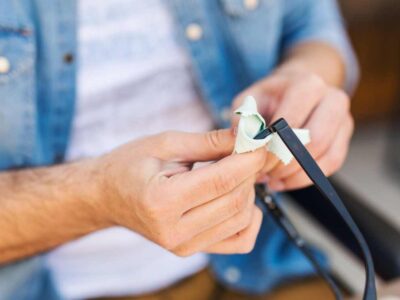 Brillenpflege mittels Brillenputztuch